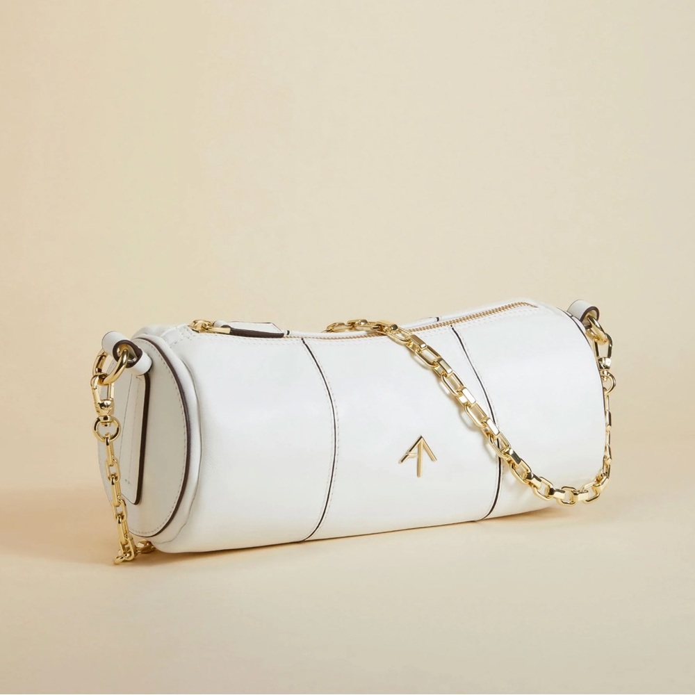 MANU ATELIER Mini Cylinder Soft Calf Leather White Chain Crossbody Bag Clutch
